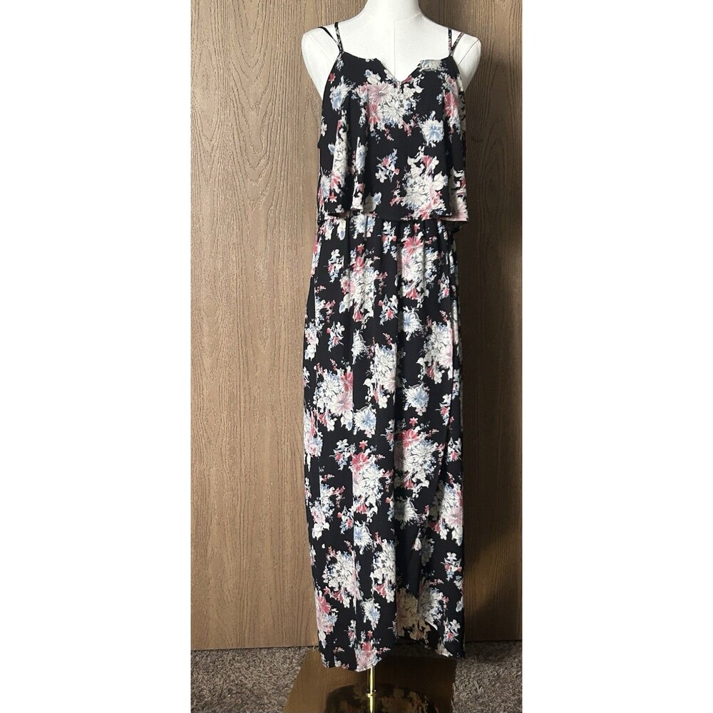 Monteau Black Floral Overlay Tulip Hem Maxi Dress Large